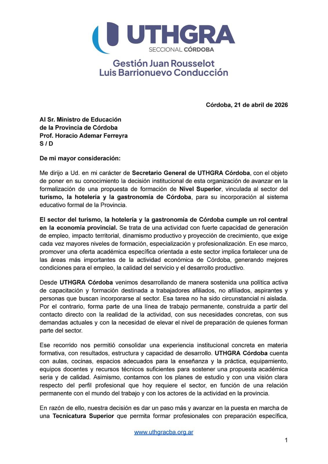 UTHGRA Córdoba impulsa la creación de una Tecnicatura Superior para el sector del turismo, la hotelería y la gastronomía de Córdoba